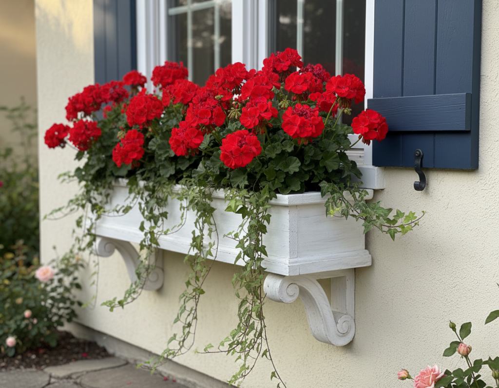 White painted window box planter filled with colorful geraniums White painted window box planter filled with colorful geraniums