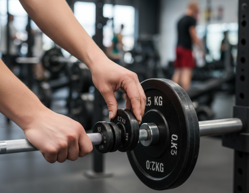 Woman adding weight plates to barbell showing progressive overload Woman adding weight plates to barbell showing progressive overload