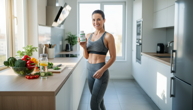 Woman checking metabolism boosting supplement in modern kitchen with healthy foods