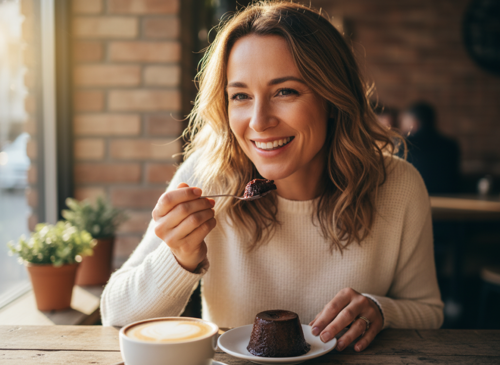 Woman enjoying a small chocolate dessert with a satisfied smile Woman enjoying a small chocolate dessert with a satisfied smile