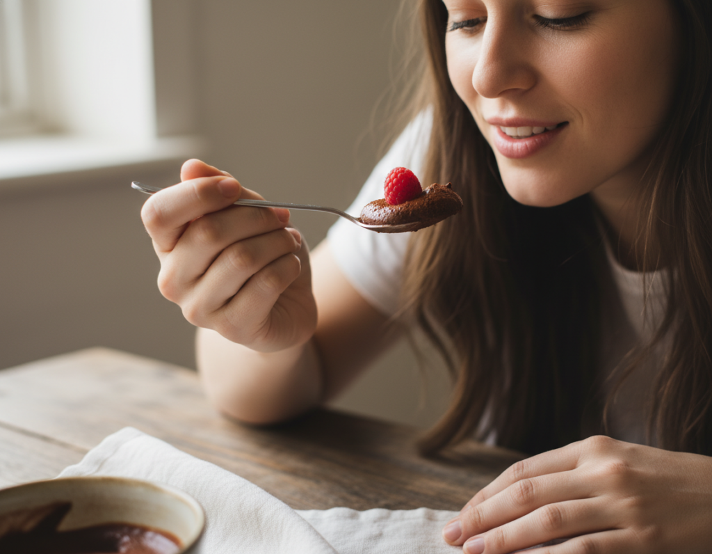 Woman mindfully enjoying a small dessert Woman mindfully enjoying a small dessert