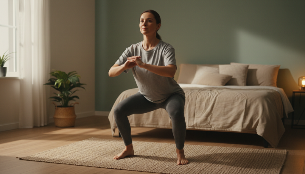 Woman performing gentle bodyweight squats in bedroom before bed