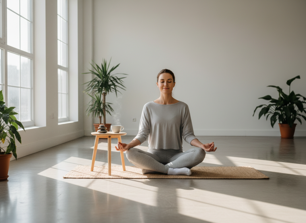 Woman practicing meditation and stress relief for health