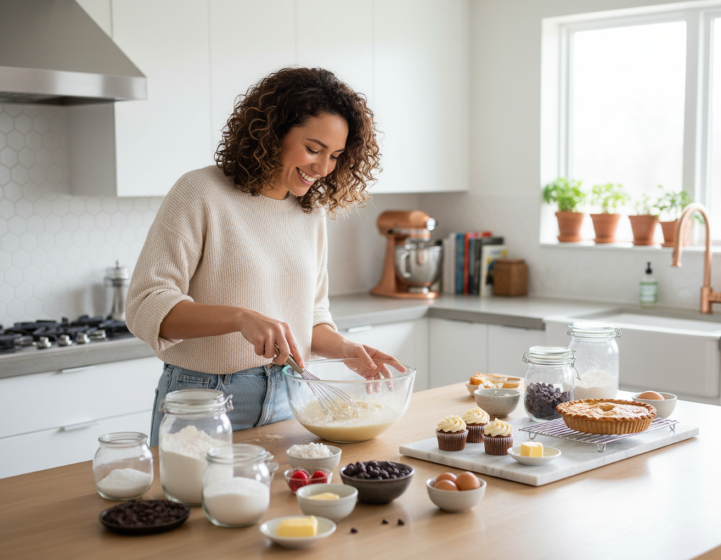 Woman preparing desserts in kitchen with ingredients organized Woman preparing desserts in kitchen with ingredients organized