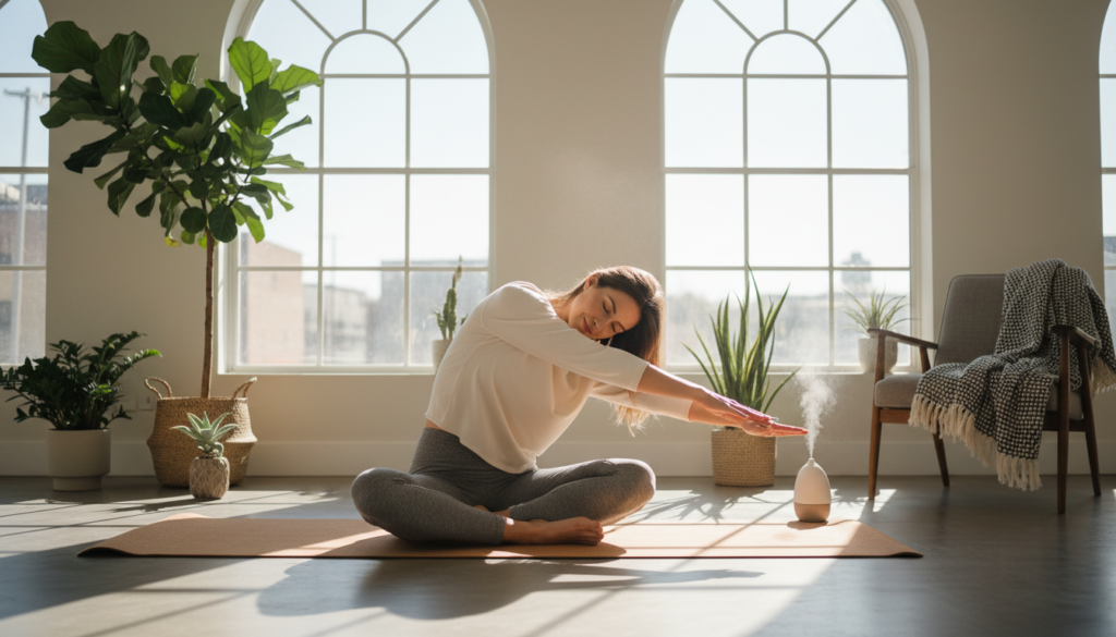 Woman stretching and recovering after weight training workout Woman stretching and recovering after weight training workout