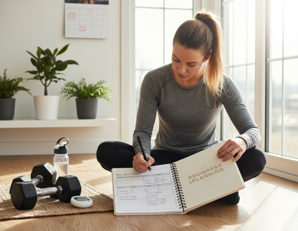 Woman tracking workout progress in fitness journal