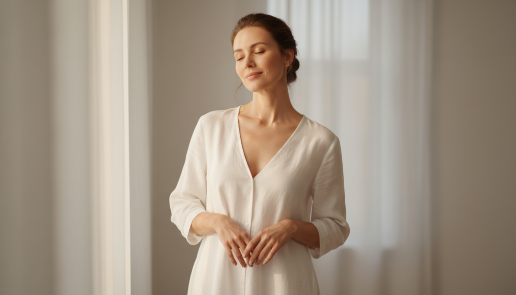 Woman with radiant glowy body skin confident pose