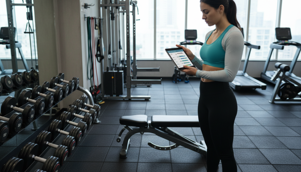 Woman working out following a structured training program Woman working out following a structured training program