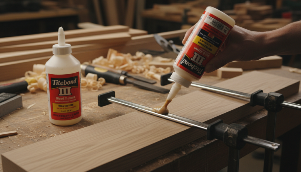 Wood glue being applied to joint with clamps ready Wood glue being applied to joint with clamps ready