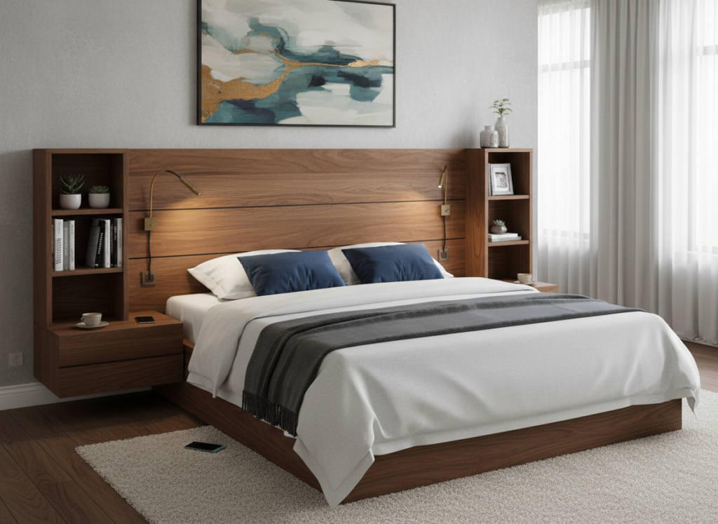 Wooden headboard with built-in shelving Wooden headboard with built-in shelving