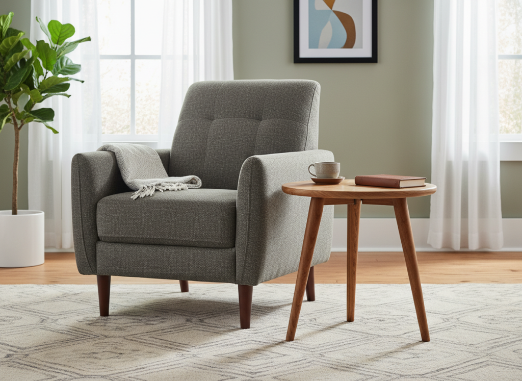 Wooden side table next to armchair Wooden side table next to armchair