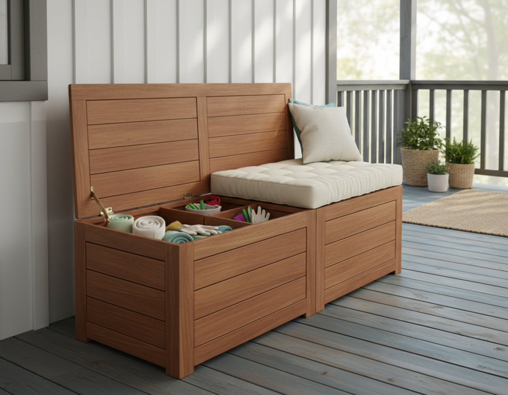 Wooden storage bench on porch with open lid showing interior Wooden storage bench on porch with open lid showing interior