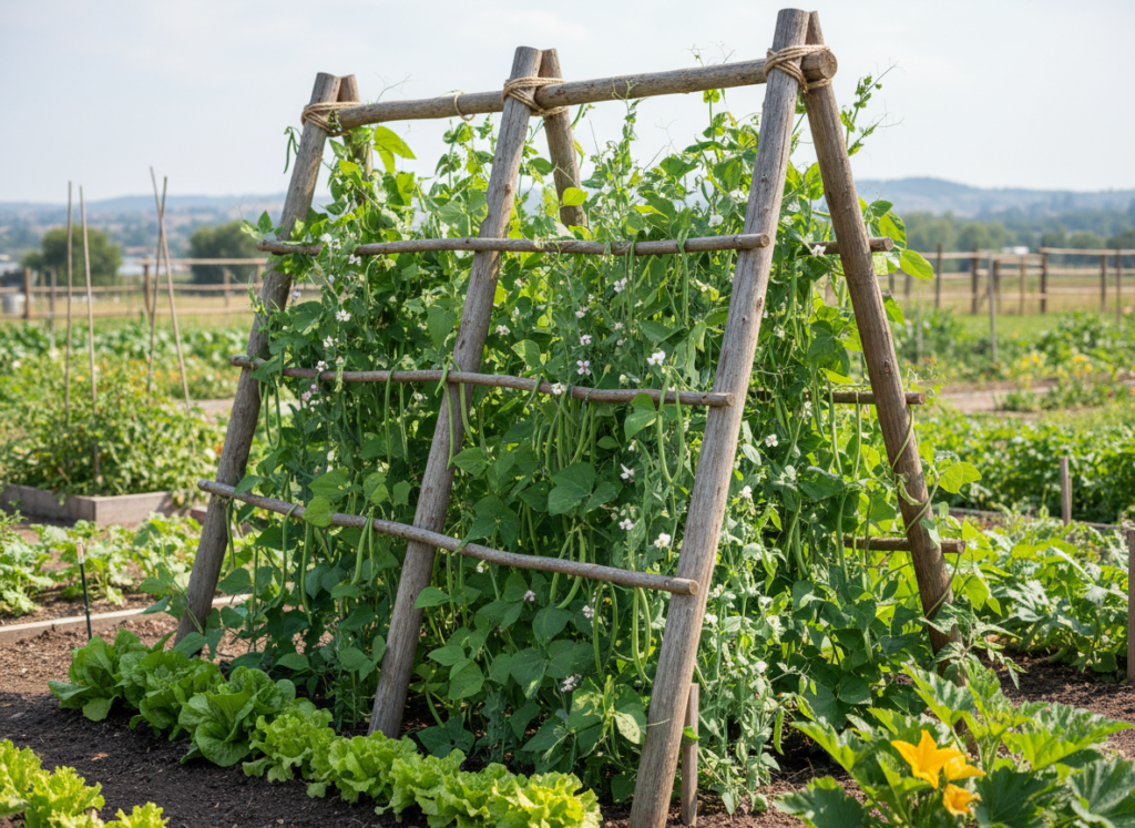 Wooden trellis with climbing vegetables in vegetable garden Wooden trellis with climbing vegetables in vegetable garden