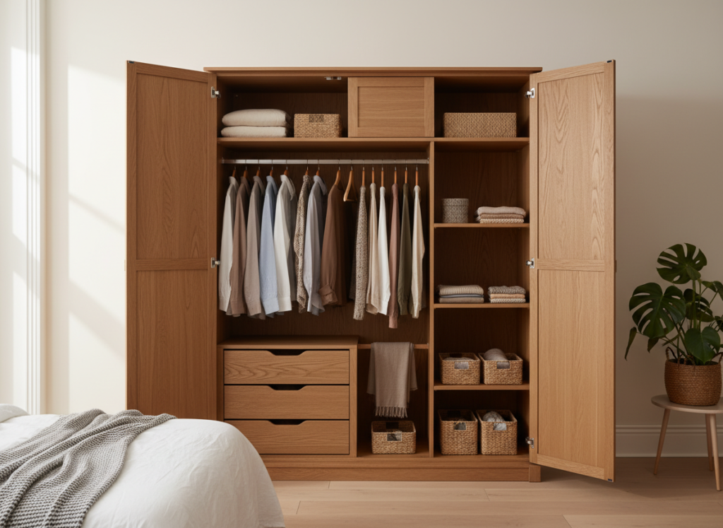 Wooden wardrobe with hanging space and shelves Wooden wardrobe with hanging space and shelves