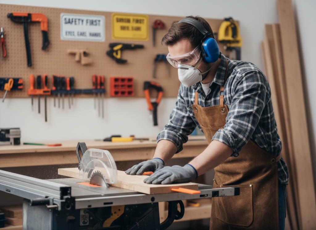 Woodworker using safety equipment while cutting wood Woodworker using safety equipment while cutting wood
