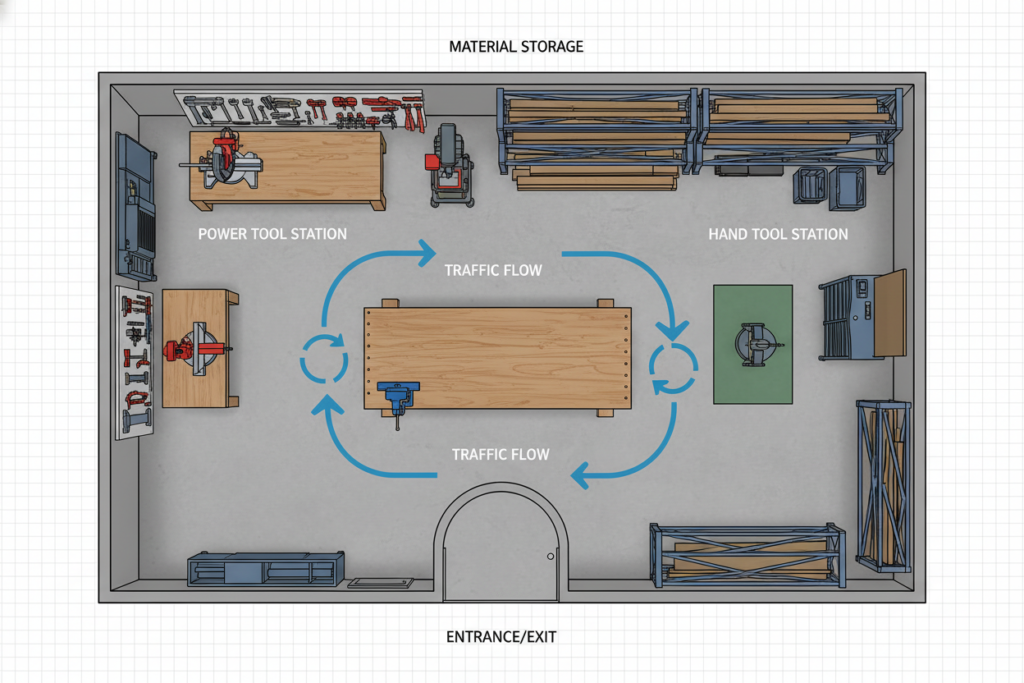 Workshop floor plan showing efficient tool and workbench placement Workshop floor plan showing efficient tool and workbench placement