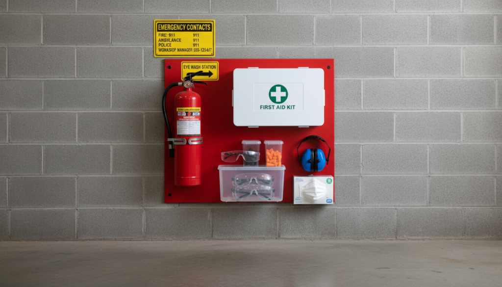 Workshop safety equipment and first aid station Workshop safety equipment and first aid station
