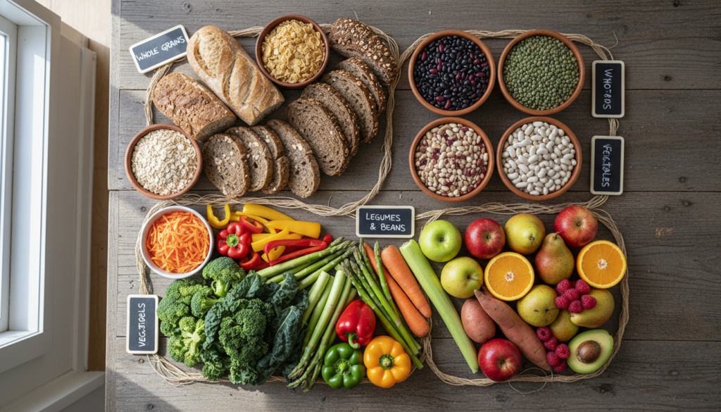 abundant display of high-fiber foods including whole grains, legumes, vegetables, and fruits