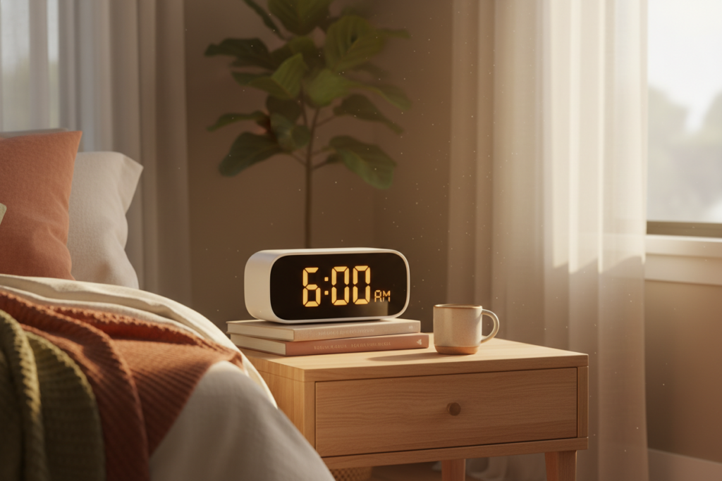alarm clock on bedside table showing early morning wake time
