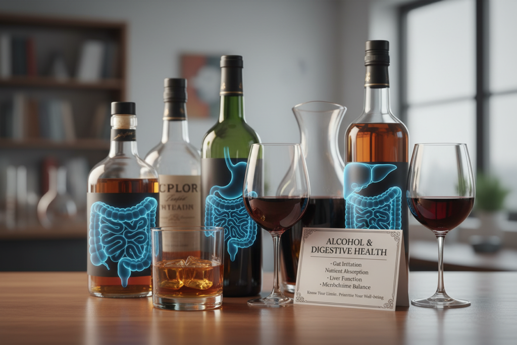 alcoholic beverages with warning symbol about gut health effects