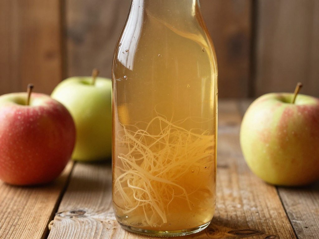 apple cider vinegar with mother in glass bottle