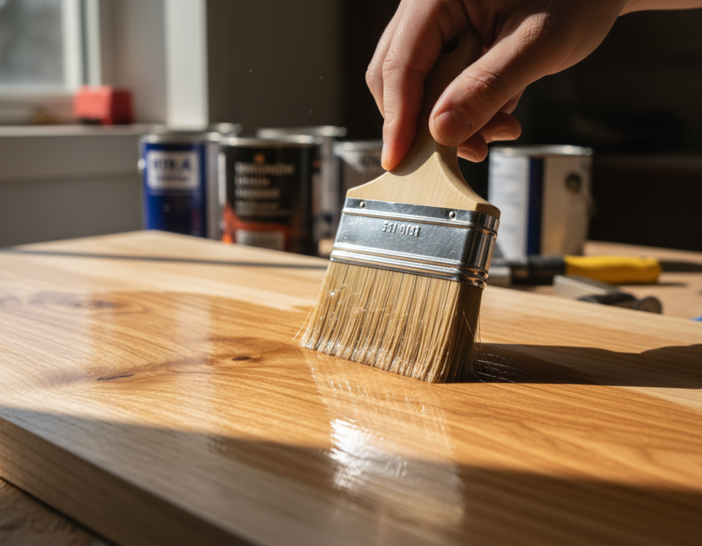 applying wood finish to project with brush showing smooth surface