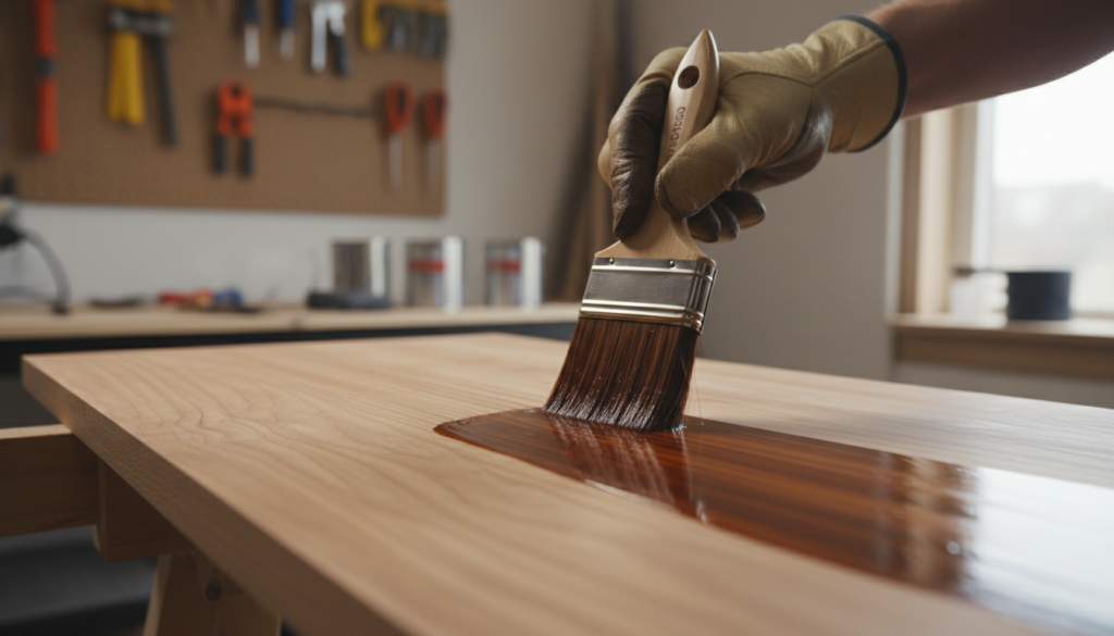 applying wood finish with brush on furniture piece