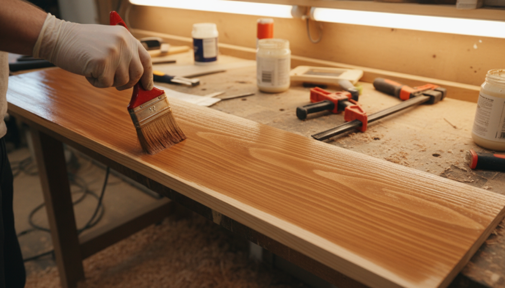 applying wood stain to shelf boards