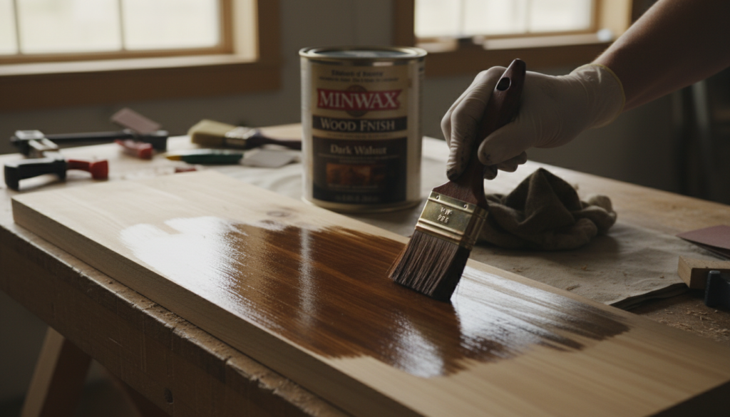 applying wood stain with brush to wooden project applying wood stain with brush to wooden project