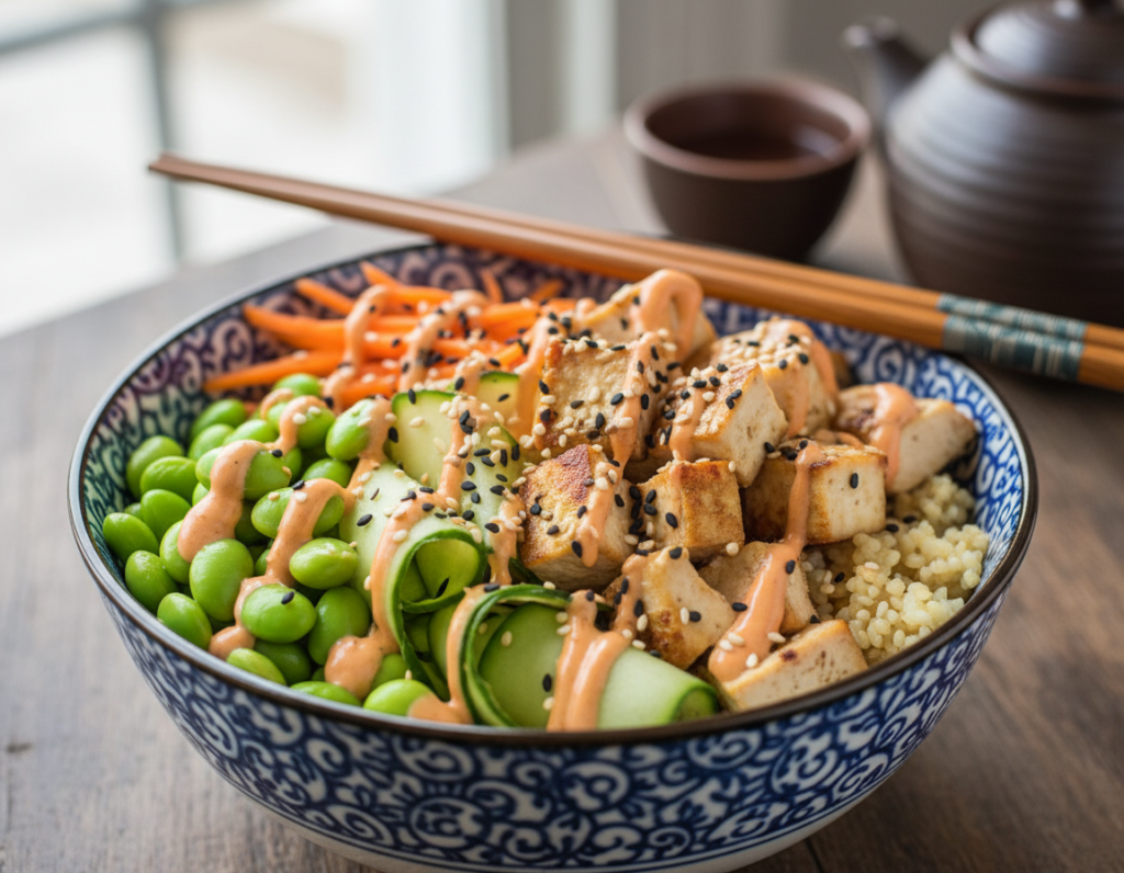 asian rice bowl with vegetables and protein