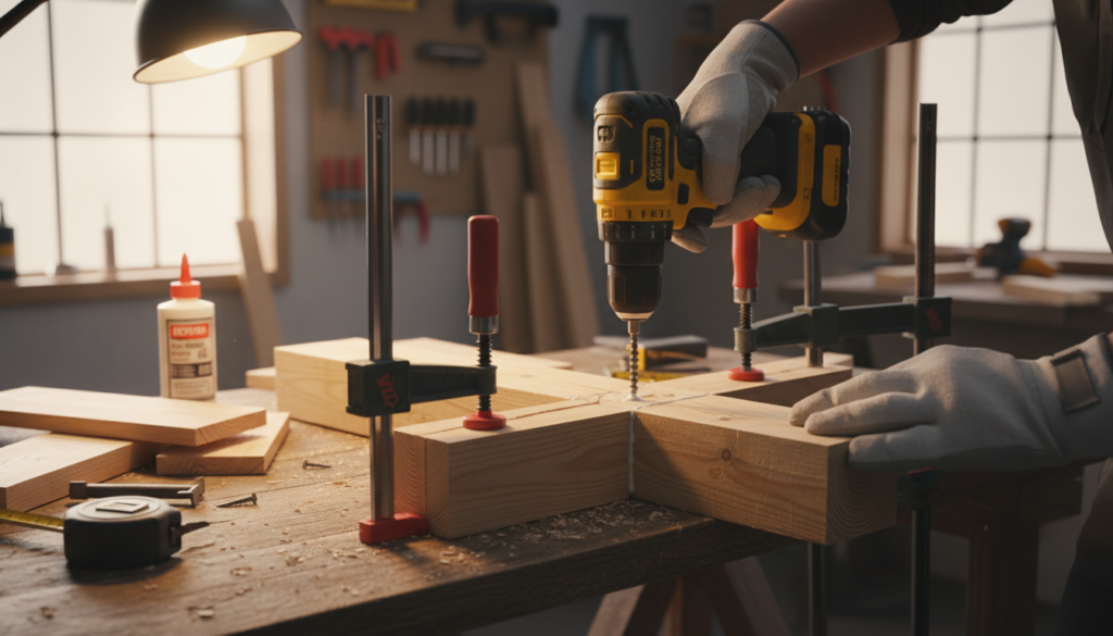 assembling wood frame pieces with drill and screws for closet organizer