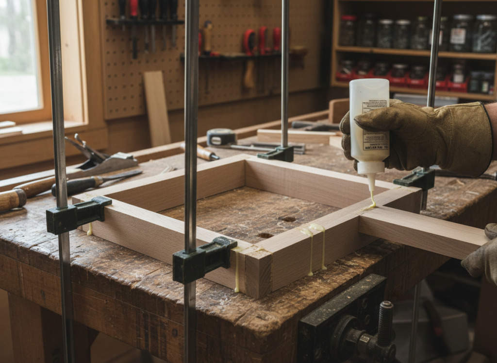 assembling wooden shelf with clamps and glue