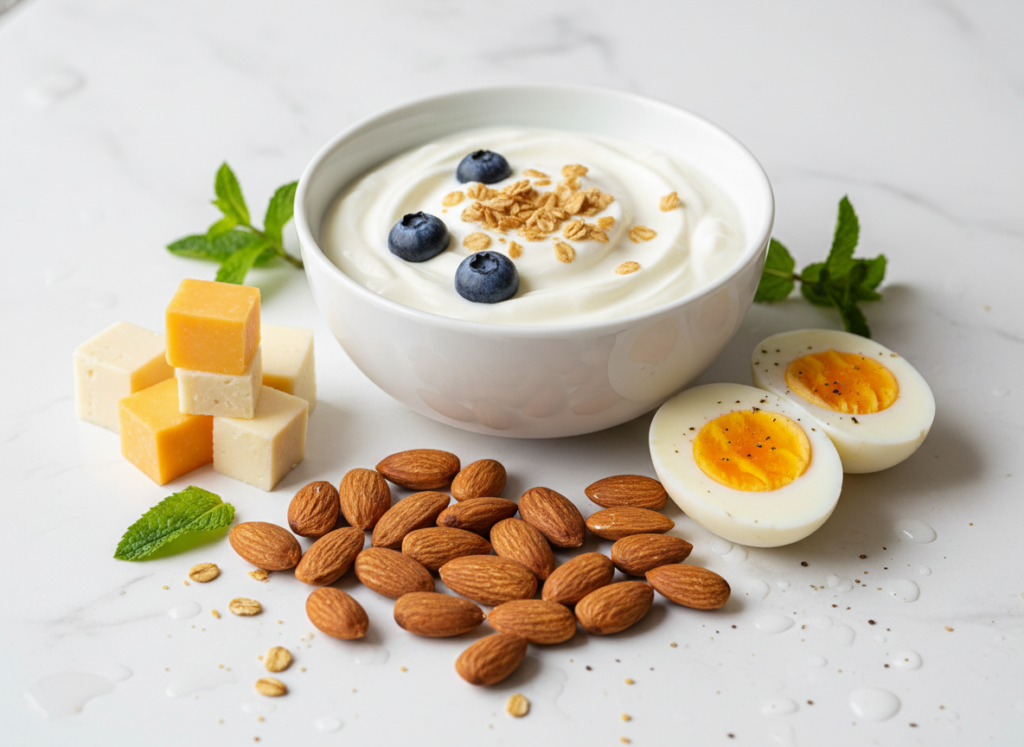 assorted protein-rich snacks including Greek yogurt and cheese