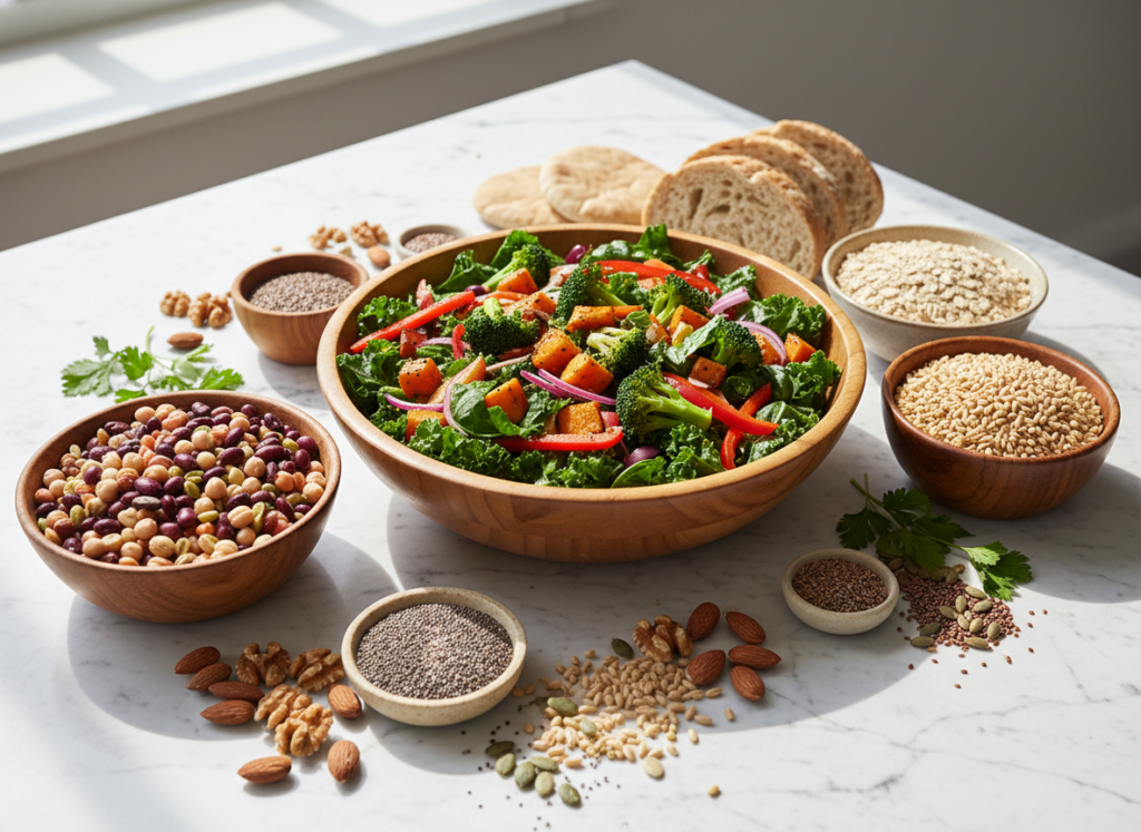 assortment of fiber-rich foods including vegetables and whole grains