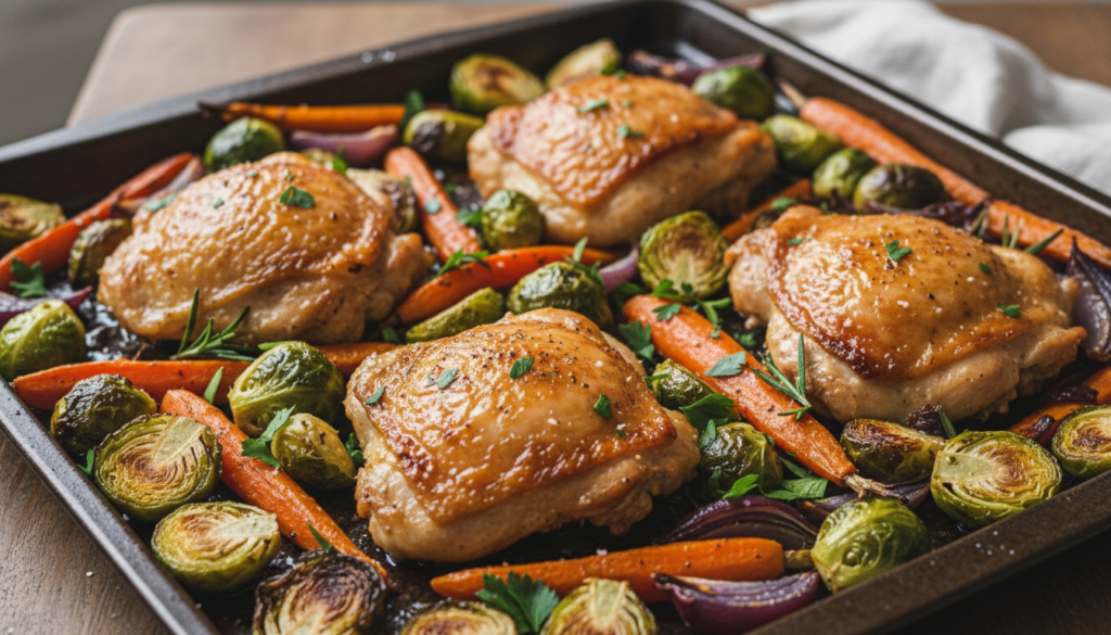 baked chicken thighs with roasted vegetables on sheet pan baked chicken thighs with roasted vegetables on sheet pan