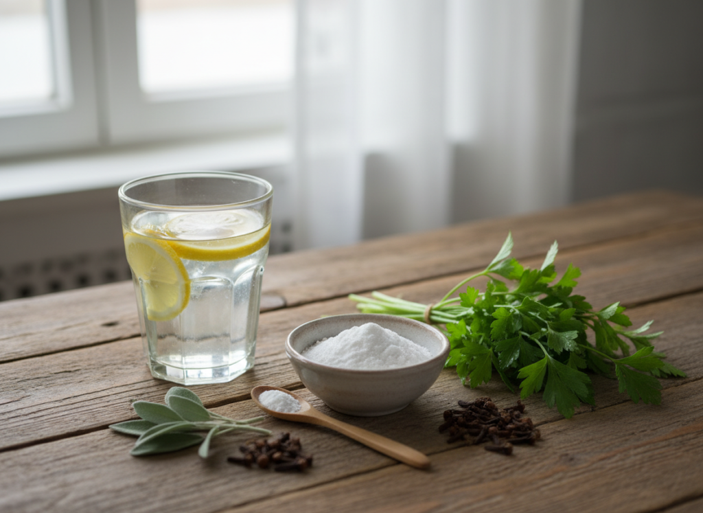 baking soda and natural oral health remedies arranged on a wooden surface