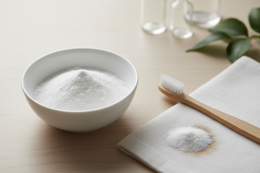 baking soda in bowl with toothbrush for natural teeth whitening
