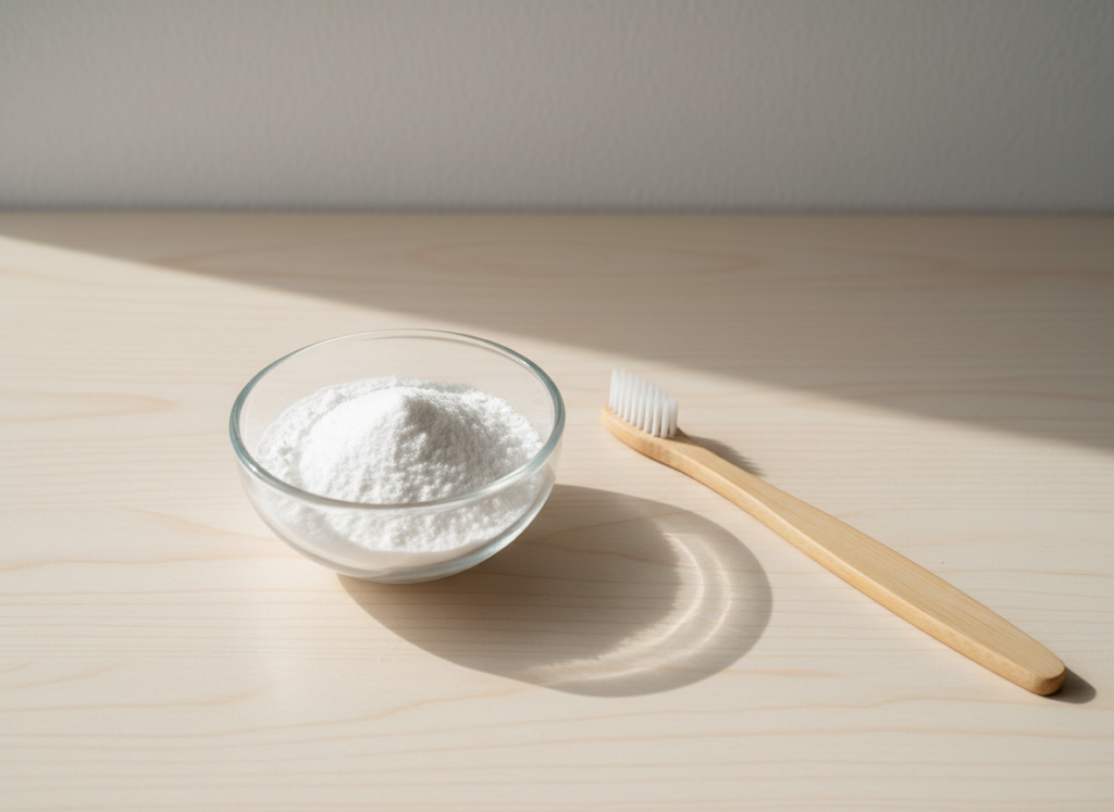 baking soda in bowl with toothbrush for teeth whitening