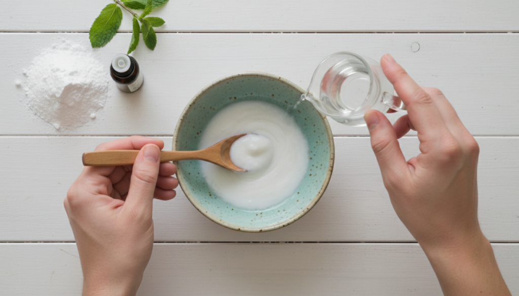 baking soda toothpaste preparation showing proper mixing technique for teeth whitening