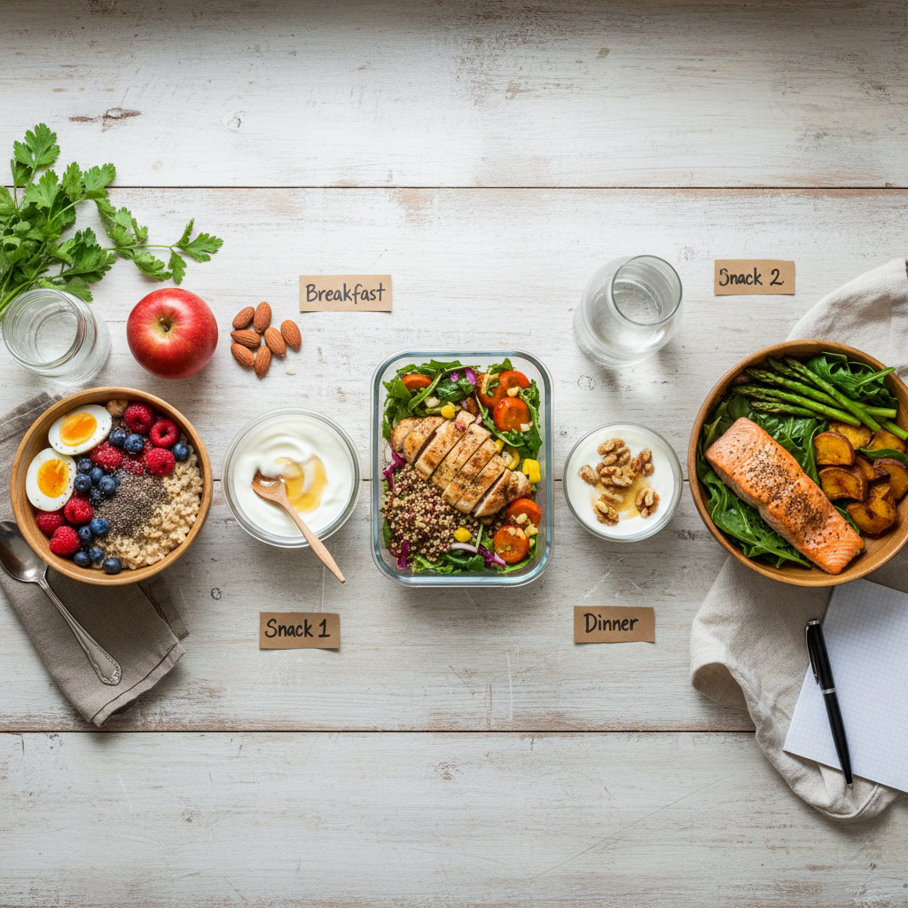 balanced day of meals and snacks laid out