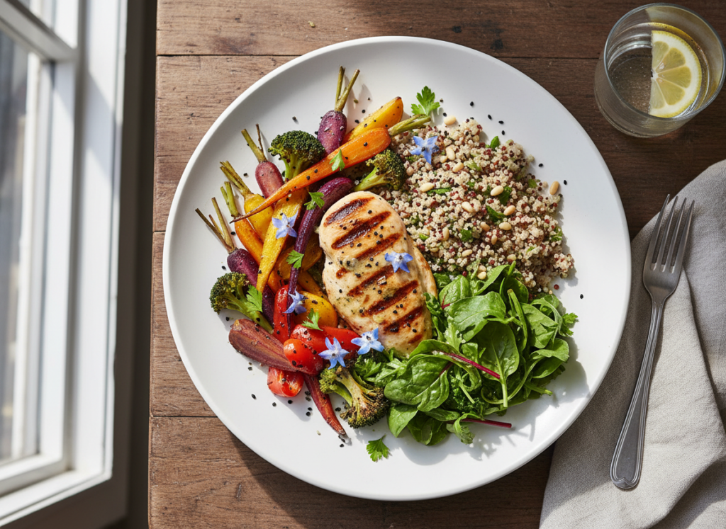 balanced healthy plate with proteins and vegetables balanced healthy plate with proteins and vegetables