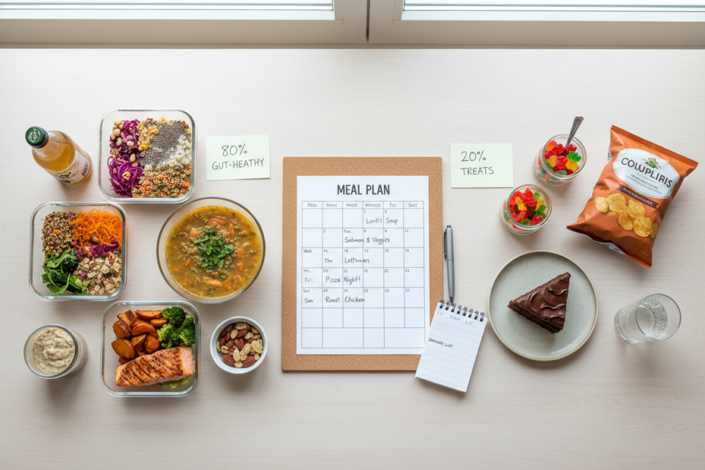 balanced meal planning with healthy and occasional treat foods showing moderation balanced meal planning with healthy and occasional treat foods showing moderation