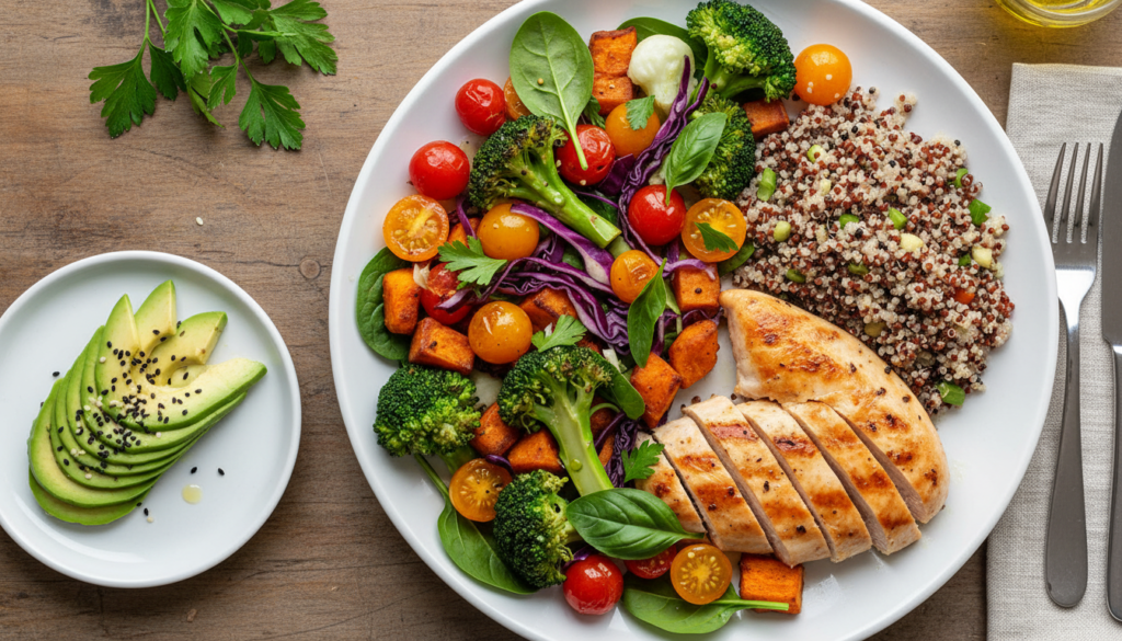 balanced meal plate showing proper macronutrient portions for weight loss