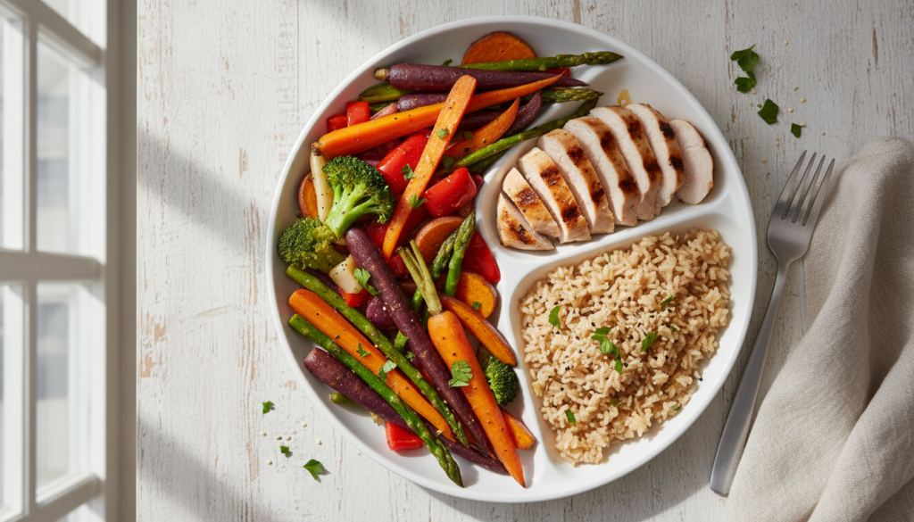 balanced plate showing proper portions of vegetables, proteins, and whole grains for weight loss