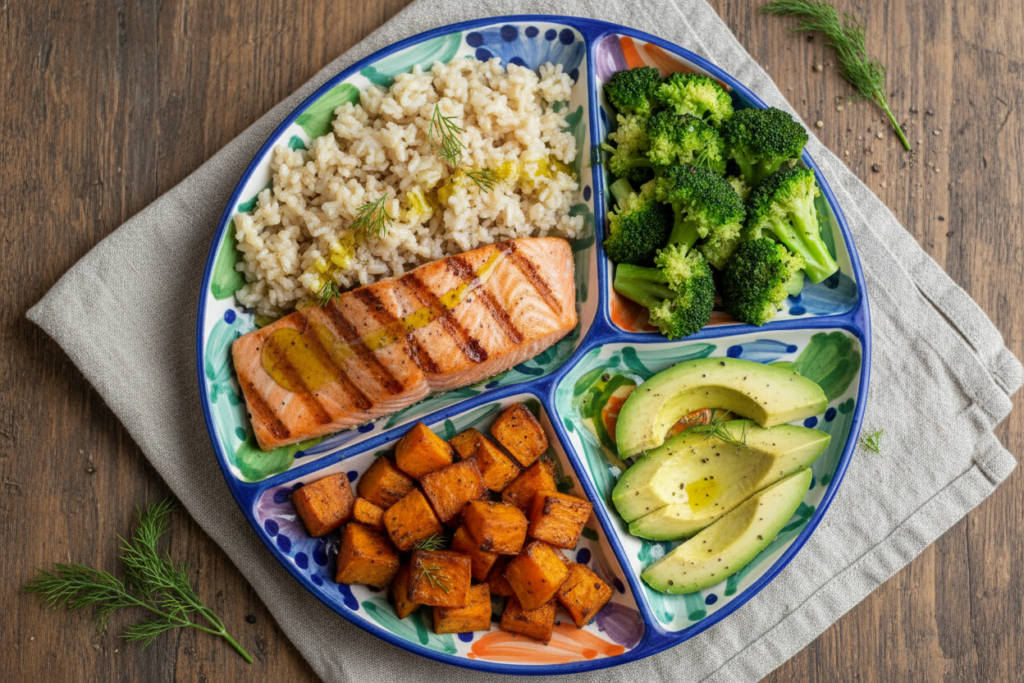 balanced plate showing protein, fats, and carbohydrates for weight gain