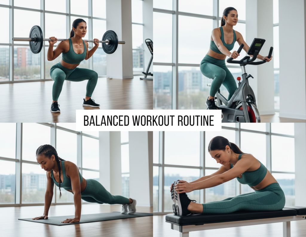 balanced workout routine combining strength and light cardio