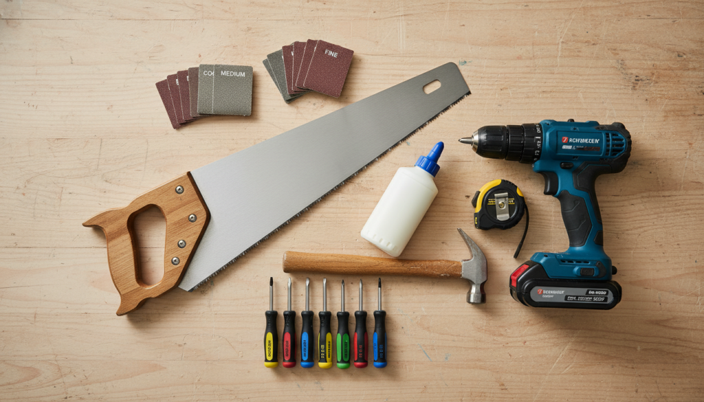 basic woodworking tools laid out including saw drill sandpaper and measuring tape