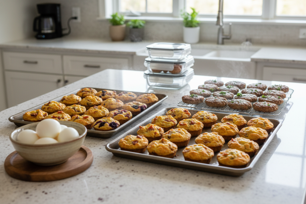 batch cooked breakfast items cooling on counter batch cooked breakfast items cooling on counter