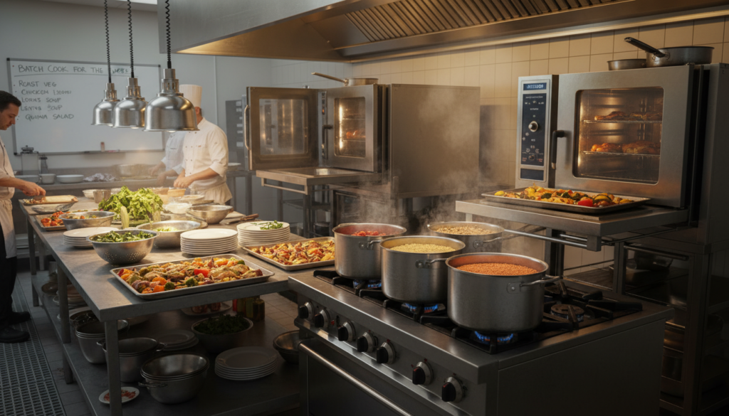 batch cooking multiple proteins and vegetables simultaneously
