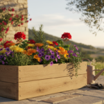 beautiful diy wooden planter box filled with colorful flowers on outdoor patio